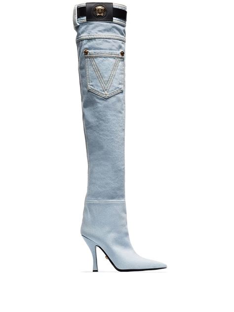 versace denim thigh high boots|Versace boots.